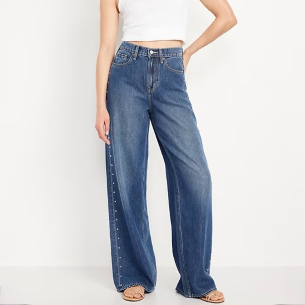 Old Navy Baggy Wide Leg Studded Jeans Womens Size 8 Blue Denim Western Rodeo NWT